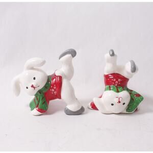 Mervyn's Tumbling Skating Christmas Bunny Ceramic Figurines ~ 260608-WH 1354
